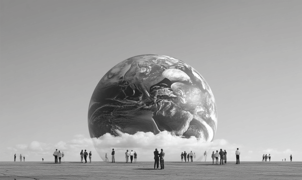 Small human figures stand across a flat plane, gazing at a massive globe suspended above the horizon, partially enshrouded in clouds.