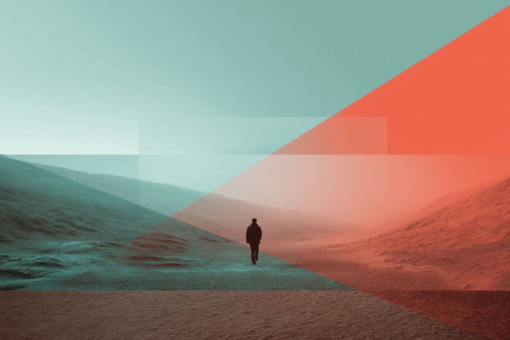 Silhouetted figure walking through abstract landscape with overlapping red and teal light fields, symbolizing a shift in perception and strategy.