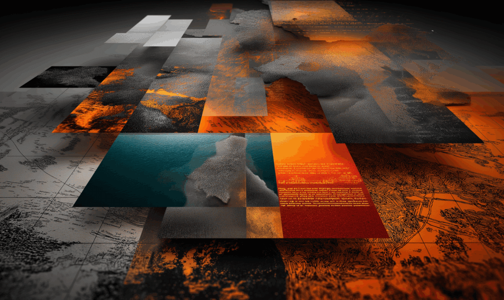 Abstract 3D map with shifting topography and vivid color overlays, symbolizing the transformation of search from atomic content to cultural meaning.