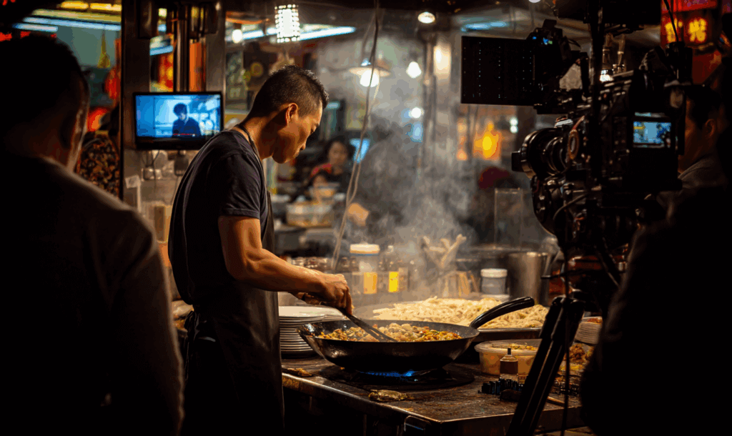 Cameraman films a chef cooking over a hot wok at a street food stall, capturing authentic culinary craft in a bustling cultural environment.