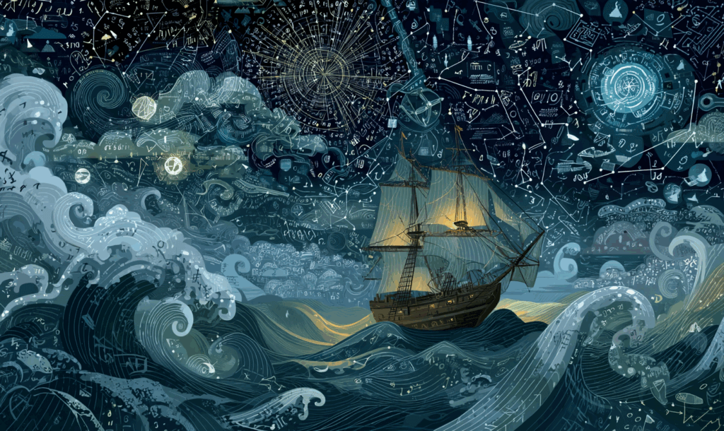 Illustrated ship sailing through turbulent waves under a starry sky filled with mathematical symbols, representing navigation by cultural logic.