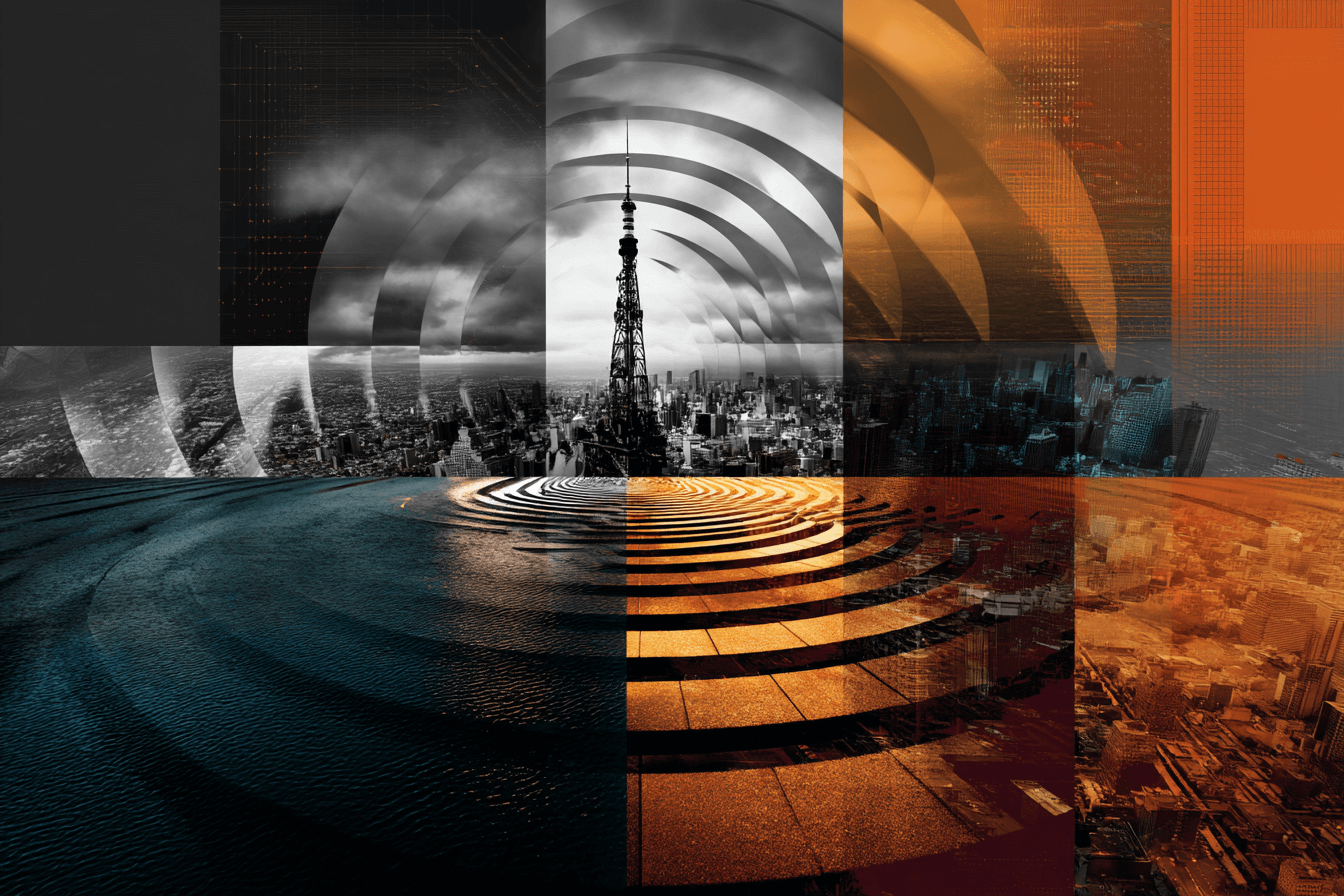 Broadcast tower emits ripple signals across a cityscape, overlaid with digital color blocks—representing structured symbolic deployment at scale.