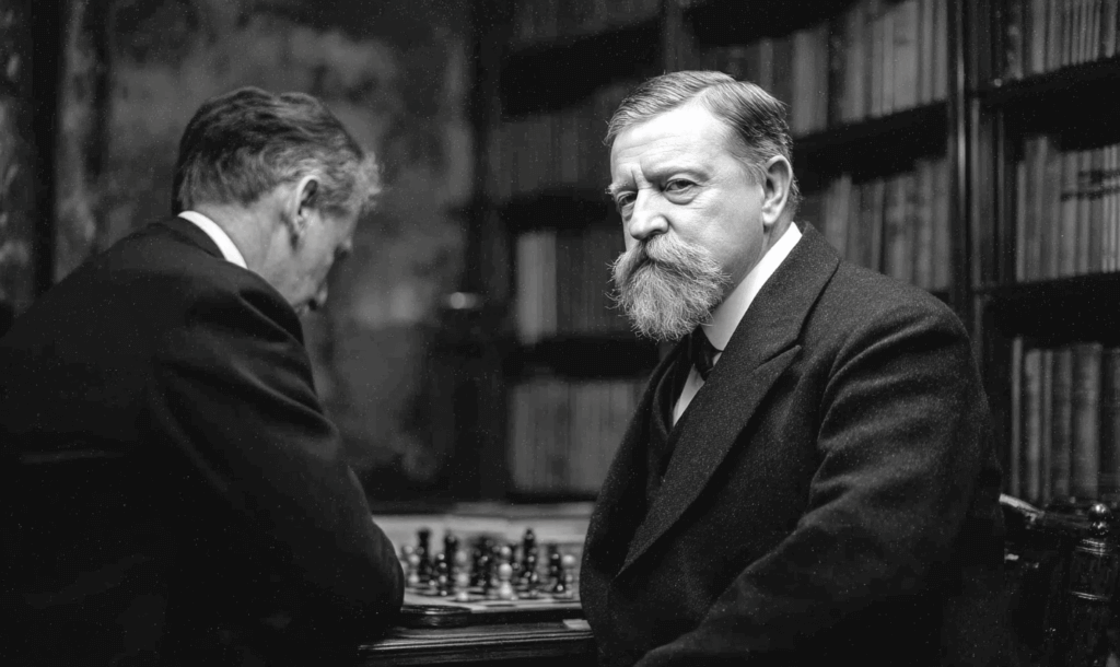 AI-generated image of Charles Sanders Peirce playing chess, glancing wryly at the camera in a dark academic library setting.