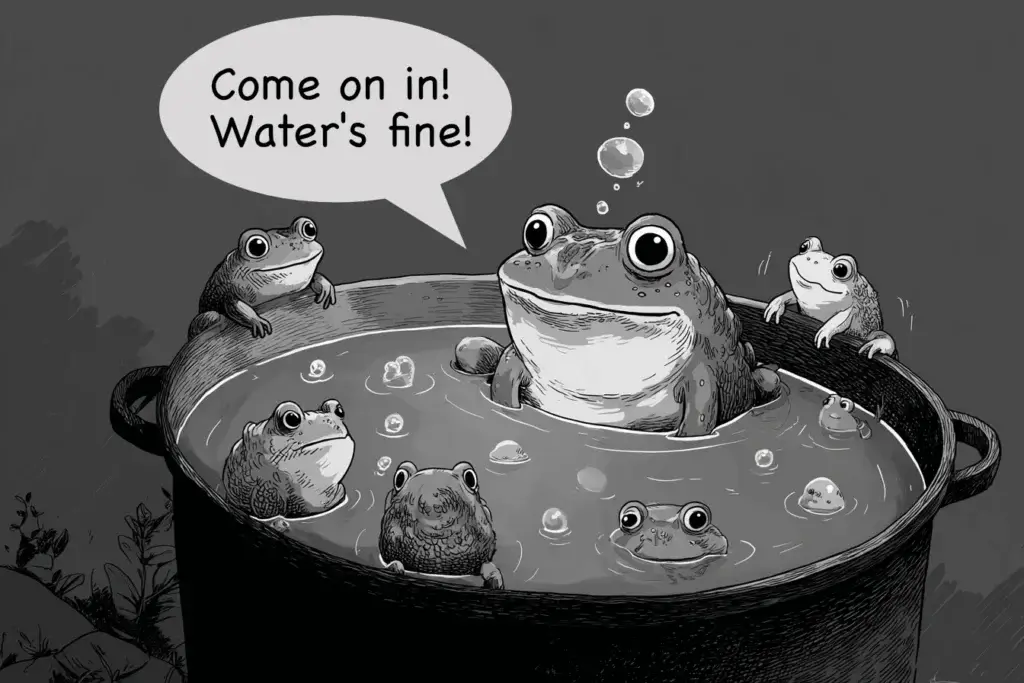 A cheerful frog waves other frogs into a pot of boiling water, saying "Water’s fine!" as steam rises from the pot.