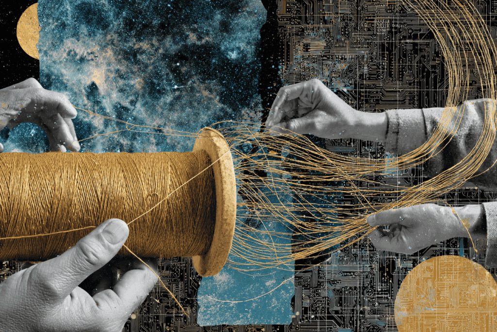A spool of golden thread unravels across a liminal landscape, weaving through multiple human hands that guide and reshape it. The background blends elements of circuitry, fabric, and stars—evoking technology, tradition, and open possibility.