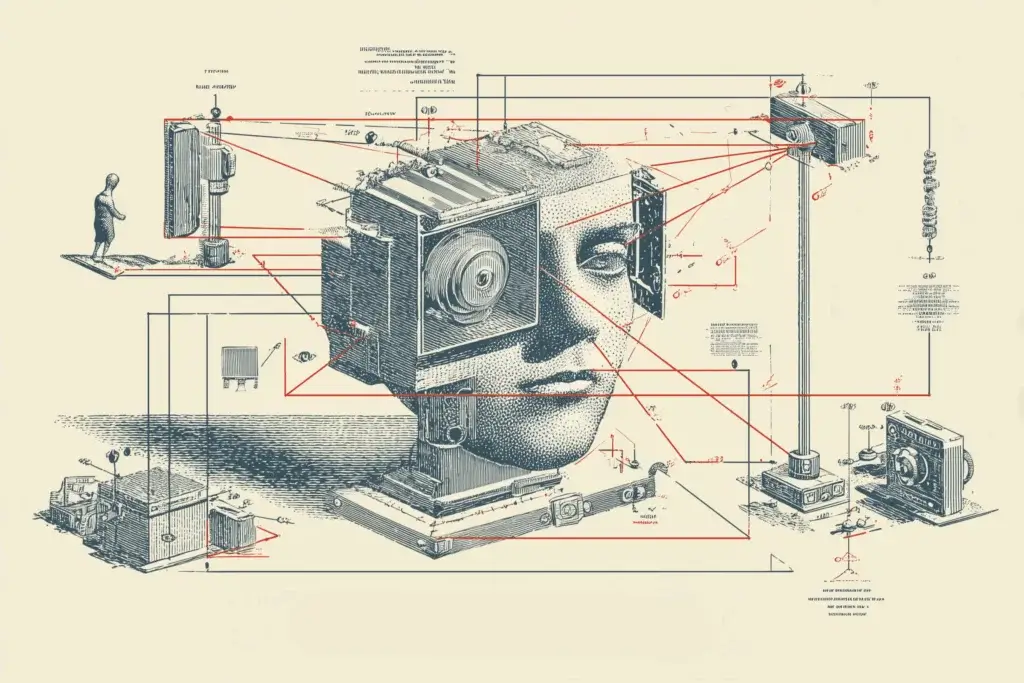Diagram in a mid-century technical style showing interconnected cameras, machines, and a human head with a lens for an eye, connected by red lines like a factory schematic.